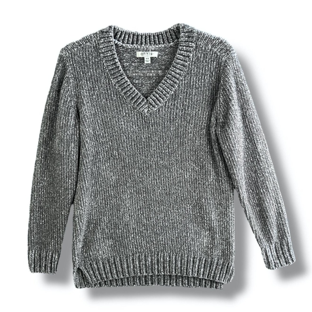 Orvis Sweater Womens Medium Gray Chenille Pullover‎ V Neck Long Sleeve Cozy Knit
